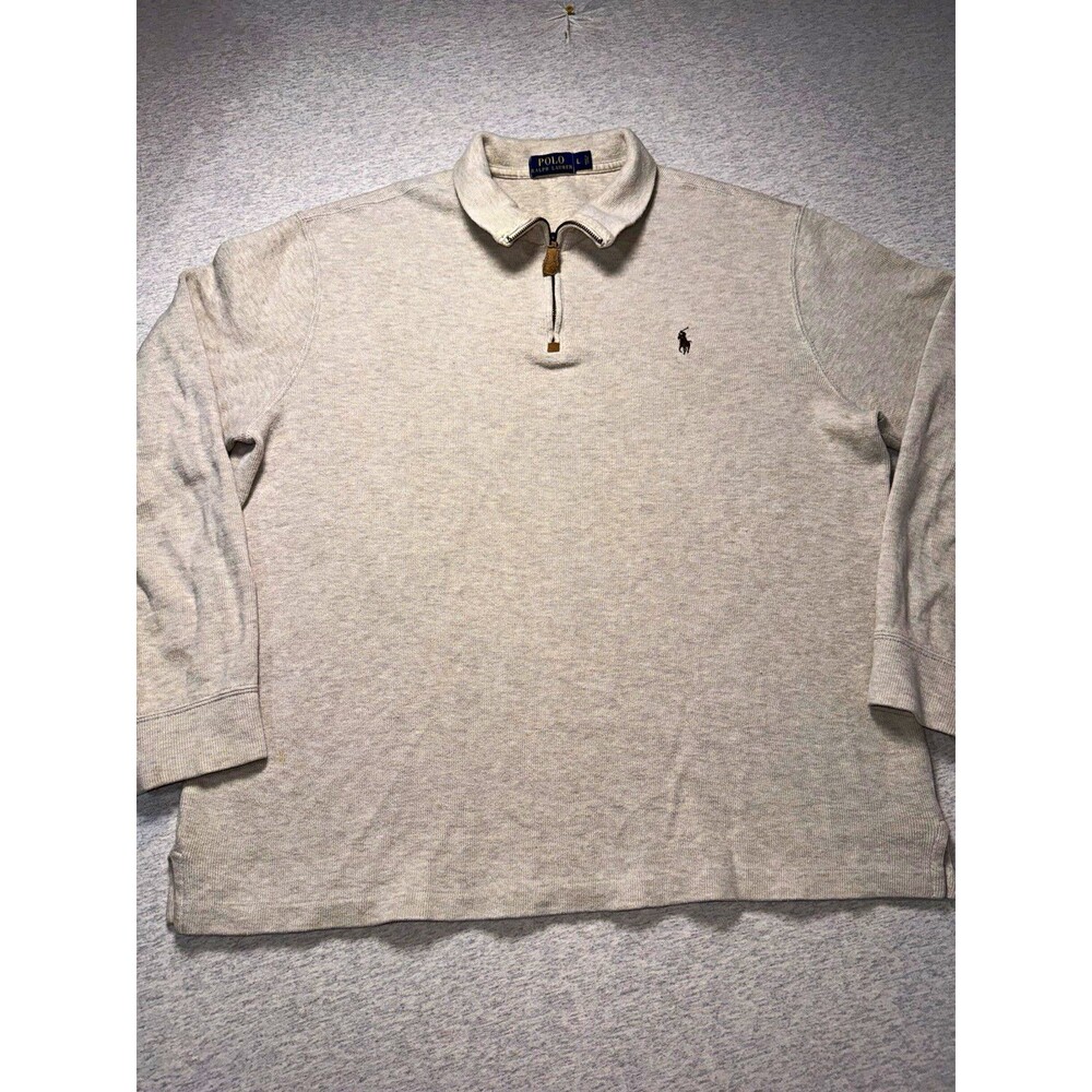 Polo Ralph Lauren Men's Beige Knit 1/4 Zip Mock Neck Sweatshirt Logo Size L Read